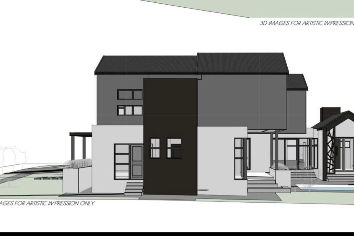 A 3D architectural rendering of a modern two-story house featuring a rear patio, swimming pool, and contemporary facade design.
