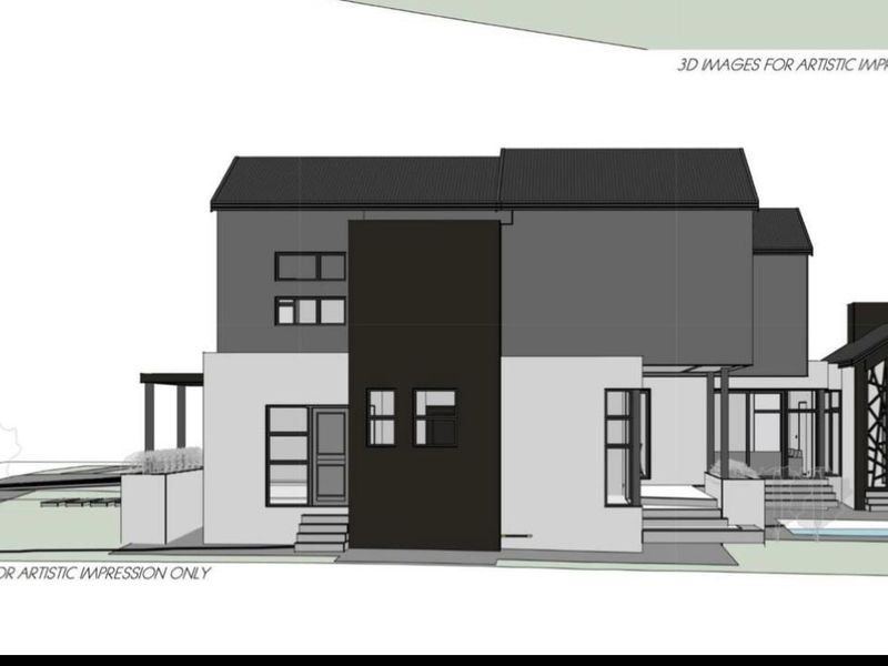 A 3D architectural rendering of a modern two-story house featuring a rear patio, swimming pool, and contemporary facade design.