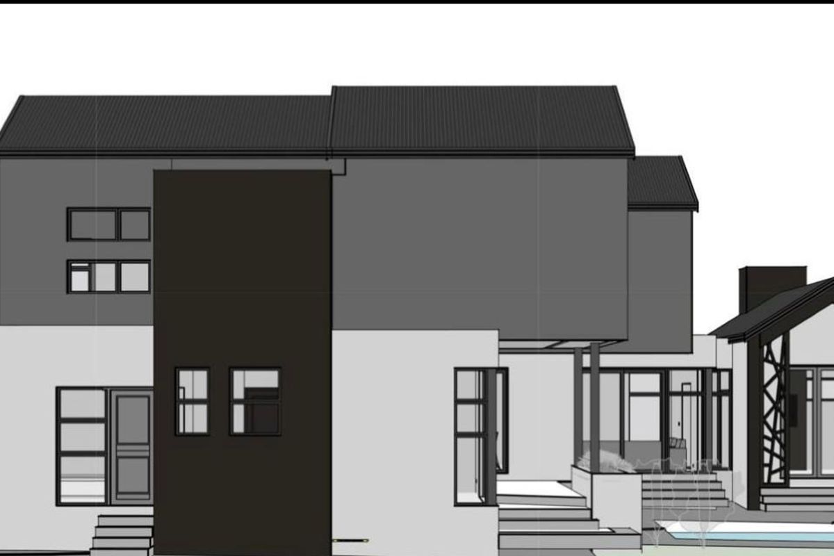 A 3D architectural rendering of a modern two-story house featuring a swimming pool, covered patio, and contemporary facade design.