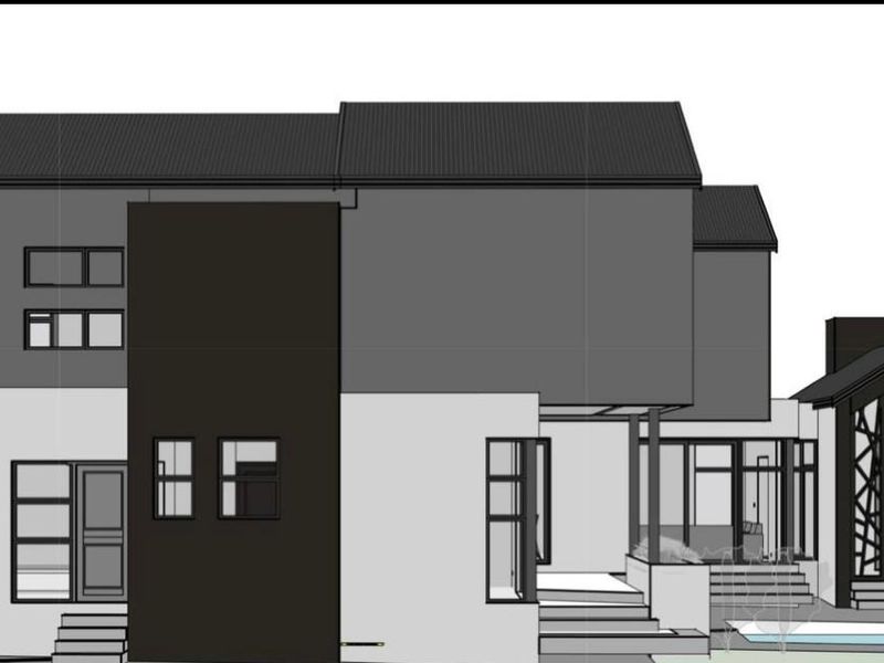 A 3D architectural rendering of a modern two-story house featuring a swimming pool, covered patio, and contemporary facade design.