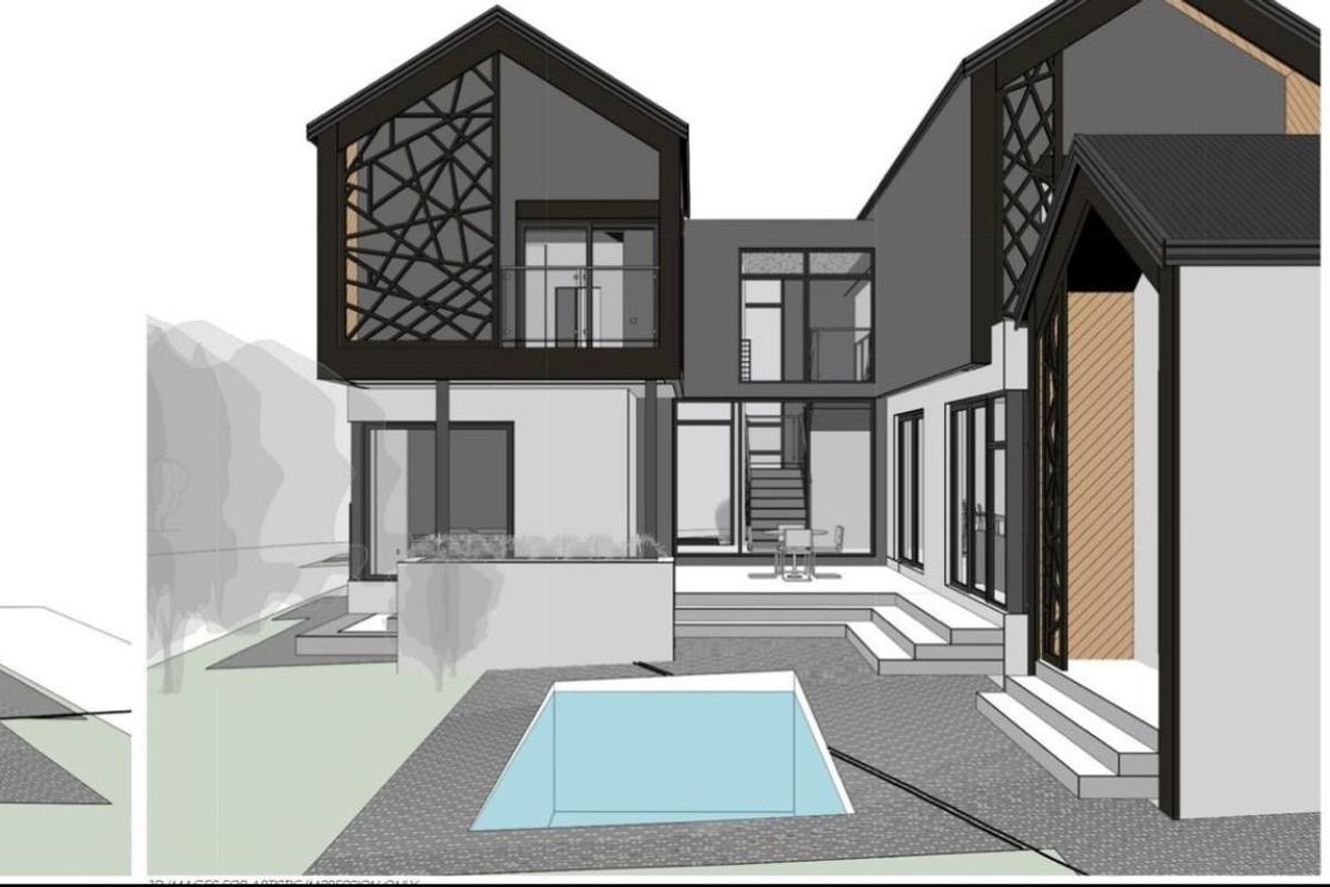 A 3D architectural rendering of a modern house exterior featuring a rear patio, swimming pool, and contemporary facade design.