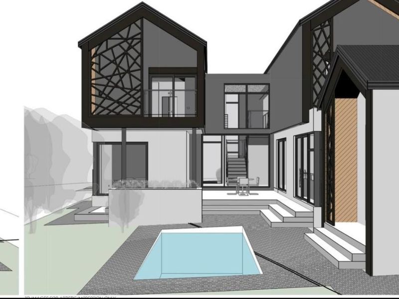 A 3D architectural rendering of a modern house exterior featuring a rear patio, swimming pool, and contemporary facade design.