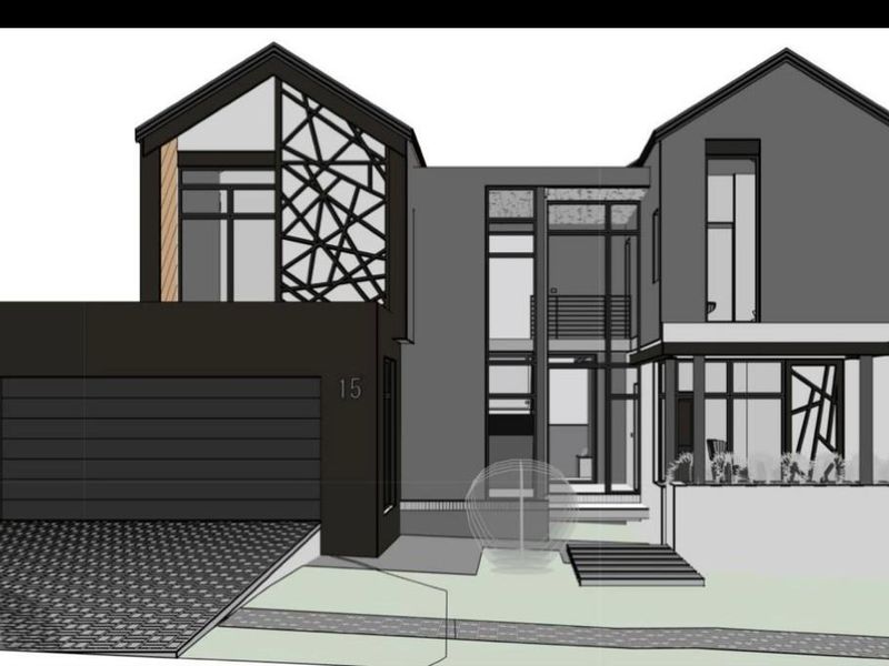 A modern architectural rendering of a contemporary home featuring a double garage, striking geometric facade detailing, and a prominent glass-fronted entrance.