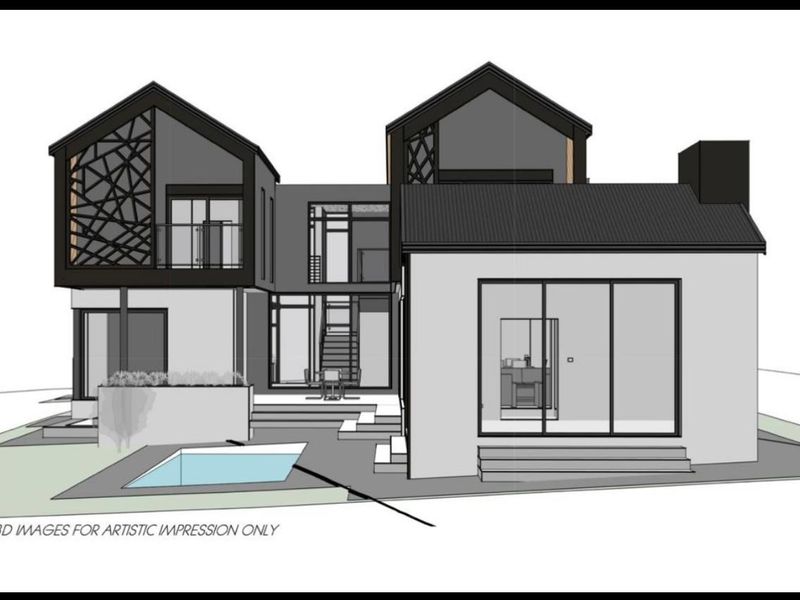 A 3D architectural rendering of a modern rear exterior featuring a swimming pool, multi-level design, and large sliding glass doors.