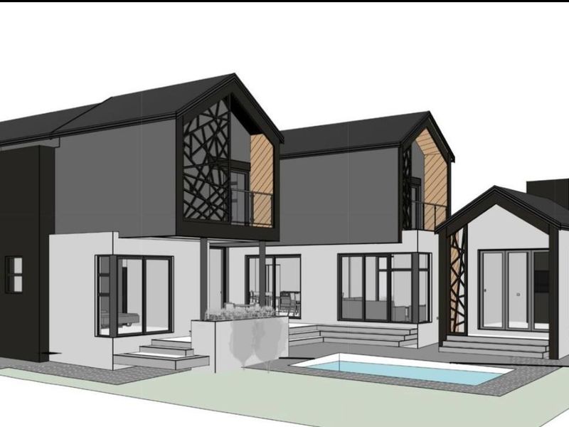 A 3D architectural rendering of a modern two-story house featuring a rear patio, swimming pool, and distinctive geometric metal facade detailing.