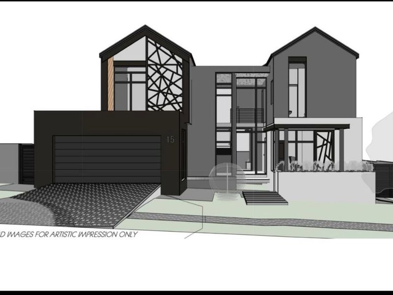 A 3D architectural rendering of a modern residential property featuring a double garage, contemporary facade, and large glass windows.