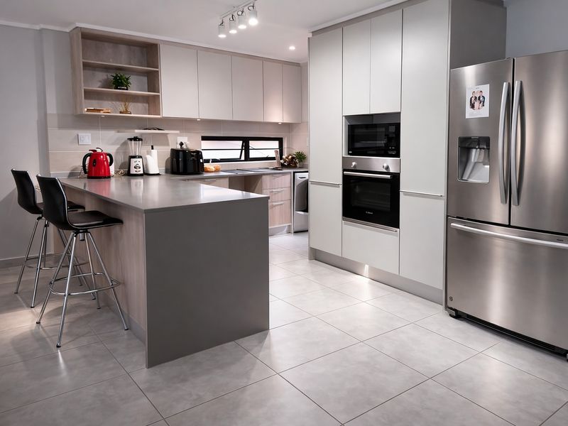 Modern kitchen featuring sleek cabinetry, stone countertops, a functional island, and integrated appliances, finished with contemporary tiled flooring and recessed lighting.