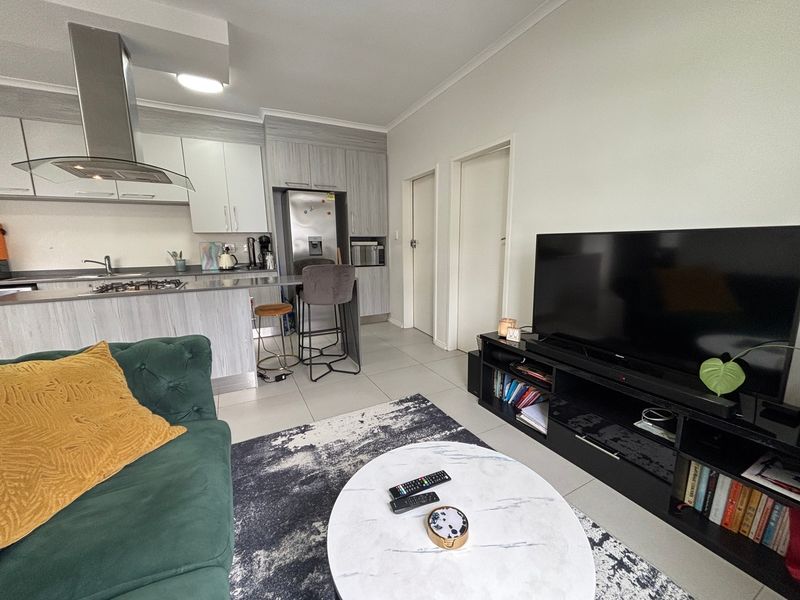 Modern open-plan living area featuring a contemporary kitchen with built-in cabinetry, gas hob, and stainless steel extractor fan, seamlessly connected to the lounge space.