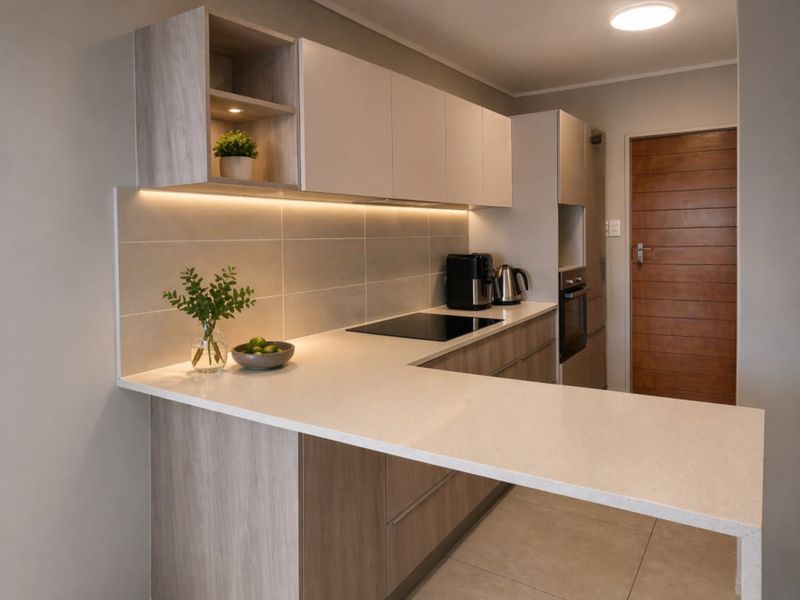 Modern kitchen featuring sleek built-in cabinetry, stone countertops, integrated induction hob, built-in oven, and ambient under-cabinet lighting.
