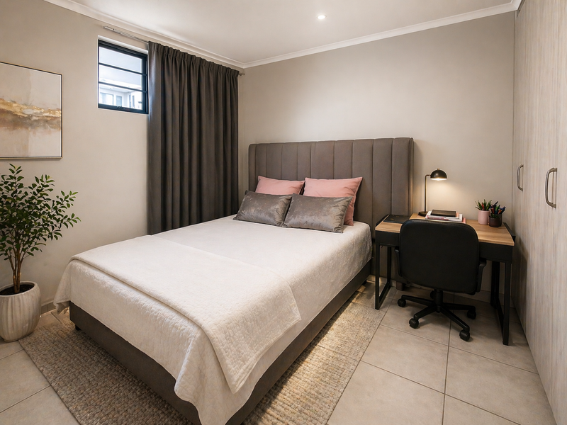 A well-maintained bedroom featuring neutral tiled flooring, built-in cupboards, and recessed lighting, offering a clean and functional living space.