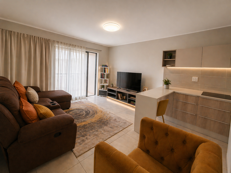 Modern open-plan living area featuring a sleek kitchen with stone countertops, integrated hob, and seamless flow to a private balcony through sliding doors.