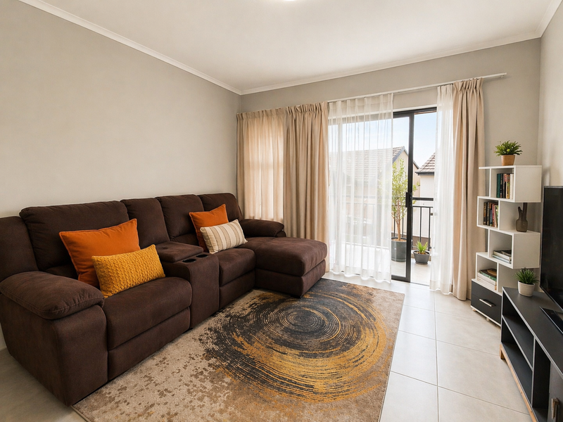 A bright living room featuring neutral tiled flooring and a sliding glass door providing access to an outdoor balcony area.