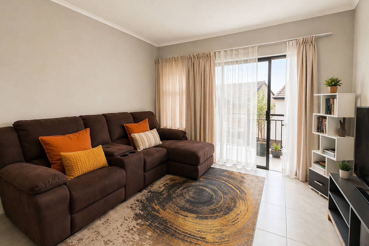 A bright living room featuring neutral tiled flooring and a sliding glass door providing access to an outdoor balcony area.