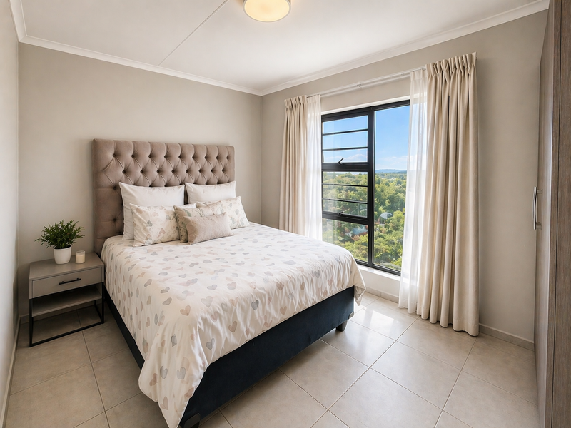 A well-maintained bedroom featuring neutral tiled flooring, a built-in wardrobe, and a large window offering pleasant elevated views.