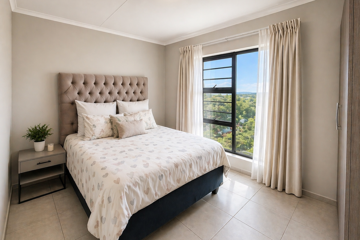 A well-maintained bedroom featuring neutral tiled flooring, a built-in wardrobe, and a large window offering pleasant elevated views.