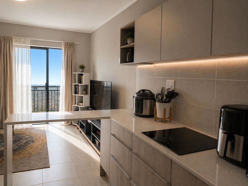 Modern open-plan kitchen featuring sleek cabinetry, quartz countertops, and an integrated induction hob, seamlessly flowing toward a balcony with scenic views.