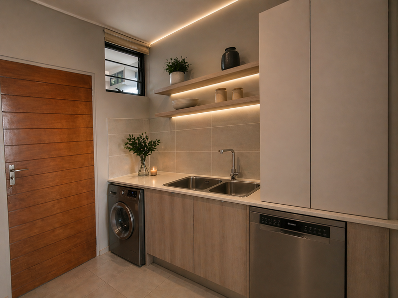 Modern scullery featuring sleek built-in cabinetry, stone countertops, double stainless steel sink, integrated dishwasher, and washing machine with ambient LED shelf lighting.