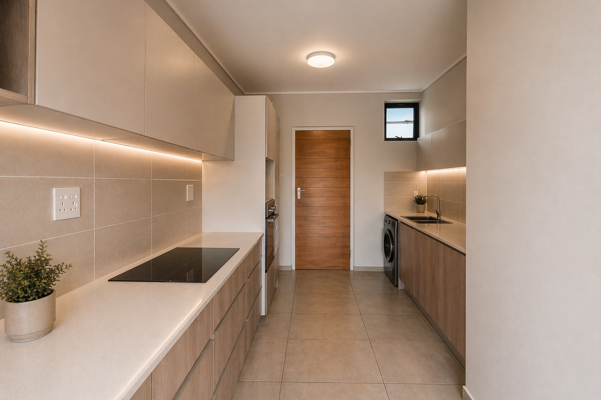 Modern kitchen featuring sleek handleless cabinetry, stone countertops, integrated induction hob, built-in oven, and neutral tiled finishes with warm under-cabinet lighting.
