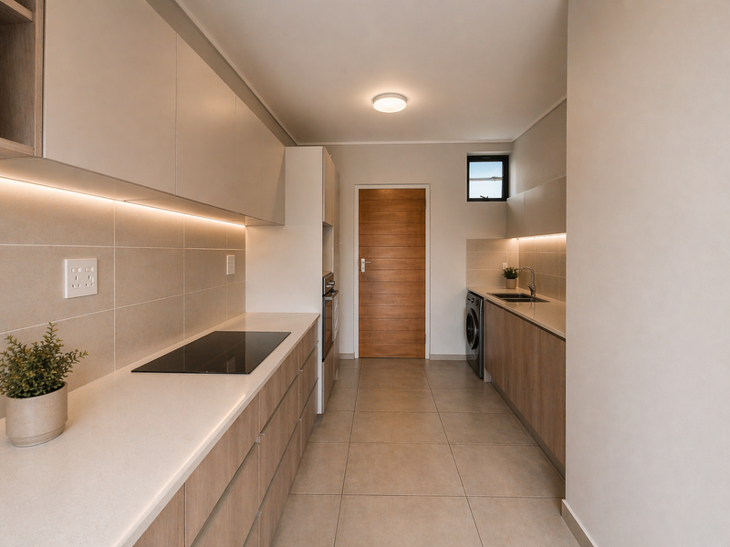 Modern kitchen featuring sleek handleless cabinetry, stone countertops, integrated induction hob, built-in oven, and neutral tiled finishes with warm under-cabinet lighting.