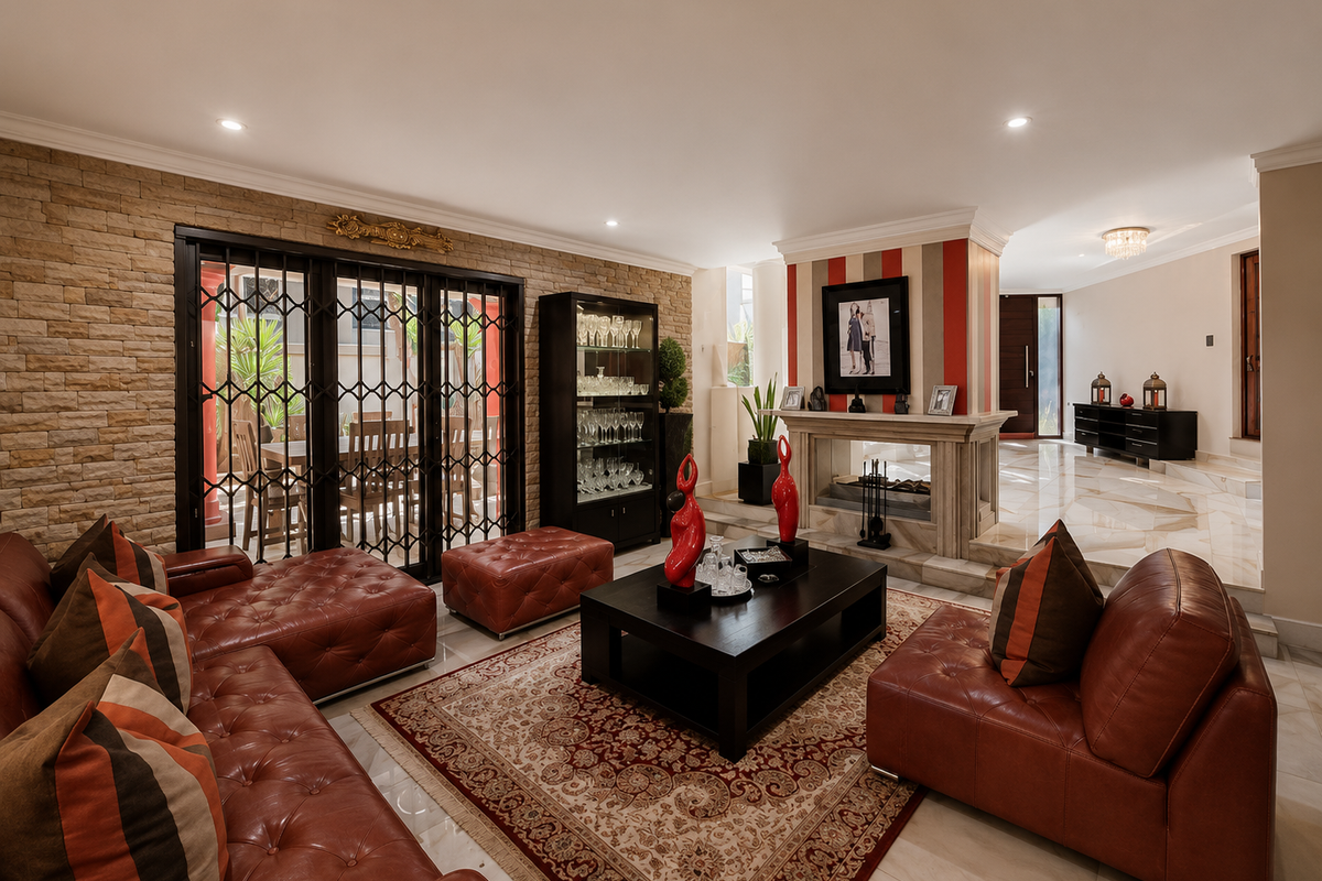 Spacious living room featuring a stone accent wall, elegant marble flooring, a central fireplace, and direct access to the outdoor area through security gates.