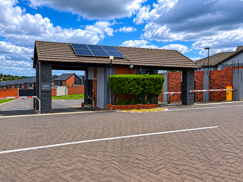 The secure entrance gatehouse of Kings Heights, featuring a tiled roof with solar panels, brick masonry, and automated boom gate access.
