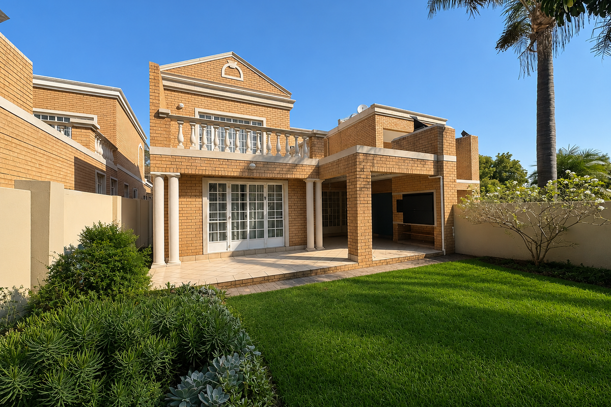 Rear view of the townhouse featuring a brick facade, covered patio area, upper-level balcony with balustrade, and a well-maintained private garden.