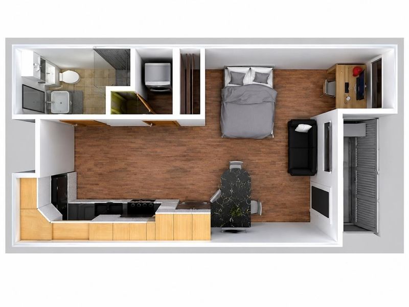 A 3D floor plan rendering of an apartment layout featuring an open-plan kitchen, living area, bedroom, bathroom, and laundry space.