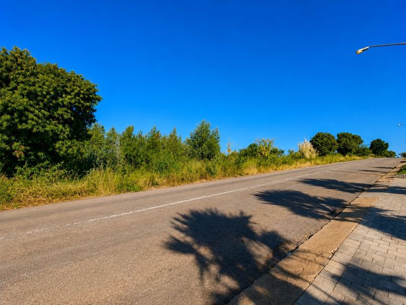 A clear street view showing the paved road, sidewalk, and adjacent natural vegetation bordering the residential land.
