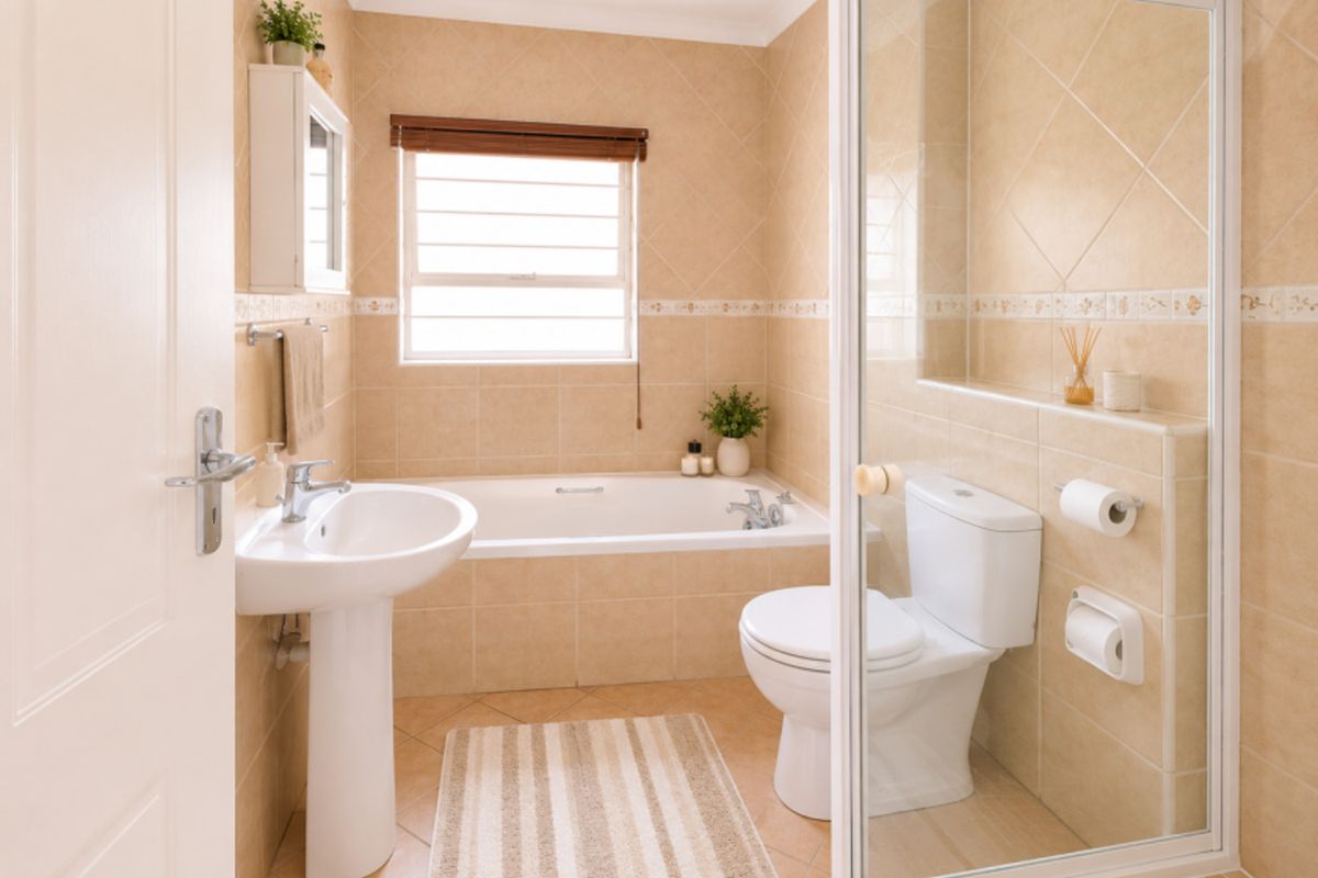 A functional bathroom featuring a pedestal basin, built-in bathtub, separate shower enclosure, and neutral wall and floor tiling.