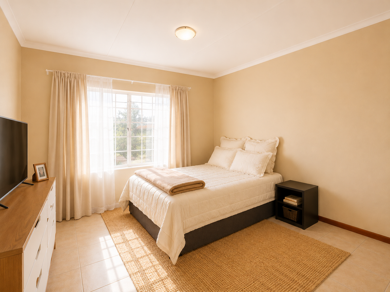 A well-lit bedroom featuring neutral wall tones, tiled flooring, and a window with natural light, providing a comfortable and functional living space.