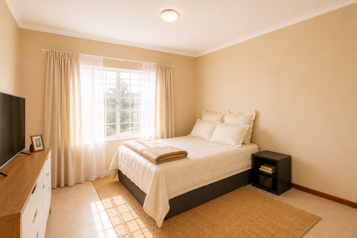 A well-lit bedroom featuring neutral wall tones, tiled flooring, and a window with natural light, providing a comfortable and functional living space.