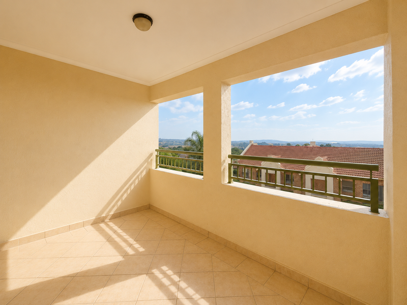 A spacious covered balcony featuring tiled flooring, metal safety railings, and elevated views of the surrounding neighborhood and landscape.