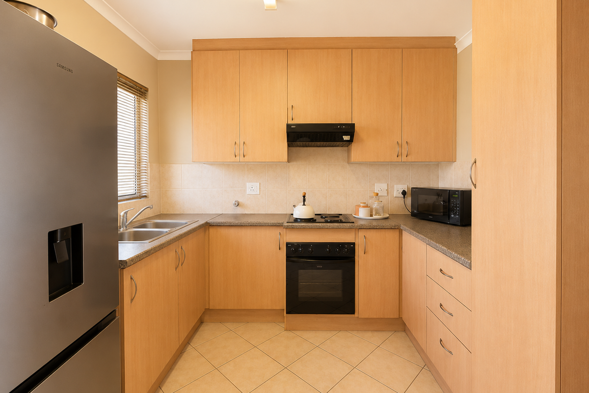 A functional U-shaped kitchen featuring light wood cabinetry, laminate countertops, built-in oven, electric hob, and tiled flooring.