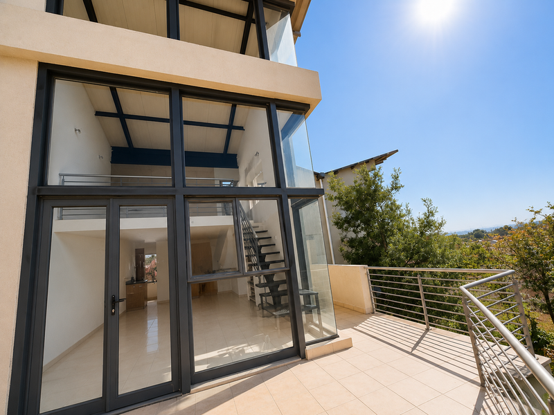 A spacious balcony with tiled flooring and metal balustrades, featuring a striking double-height glass facade looking into an open-plan interior with a mezzanine level.
