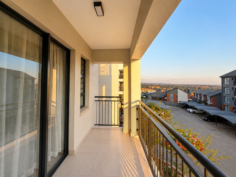 A clean, modern balcony featuring tiled flooring, a secure metal balustrade, and large sliding glass doors, offering an elevated view of the complex.