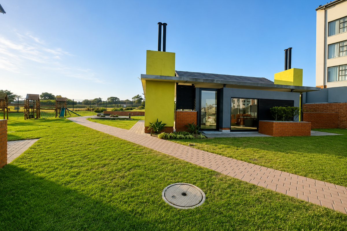 A well-maintained communal outdoor area featuring a modern structure with chimney stacks, brick planters, and paved walkways set within a landscaped garden.
