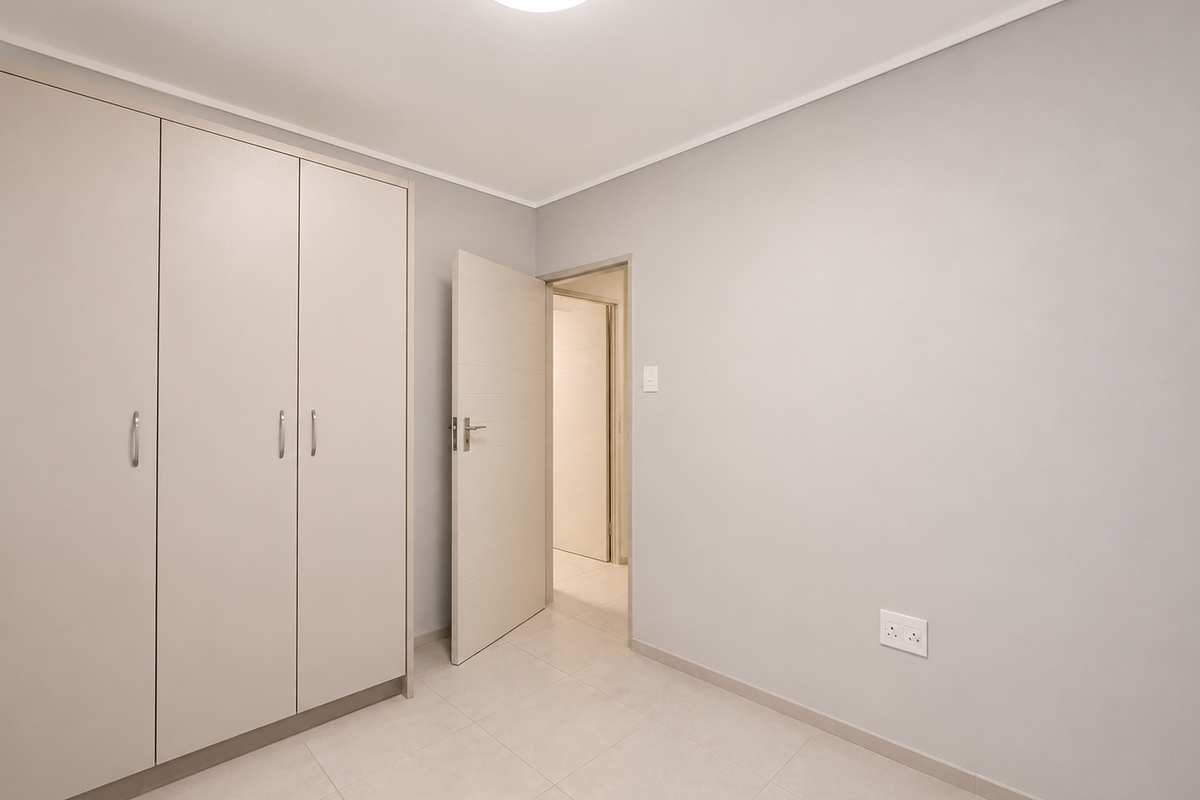 A clean, empty bedroom featuring neutral tiled flooring, built-in cupboards, and a modern interior door leading to an adjacent space.