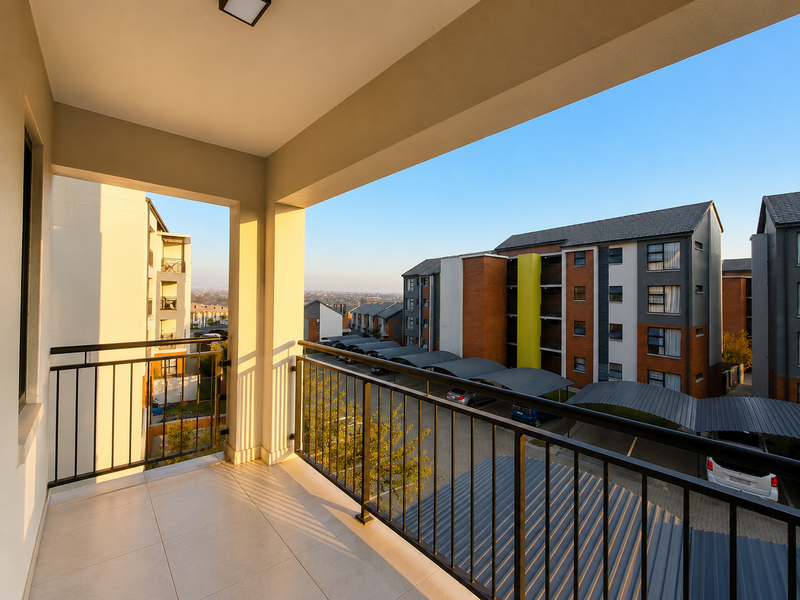 A clean, modern balcony with tiled flooring and a metal balustrade, offering an elevated view of the surrounding apartment complex and parking area.