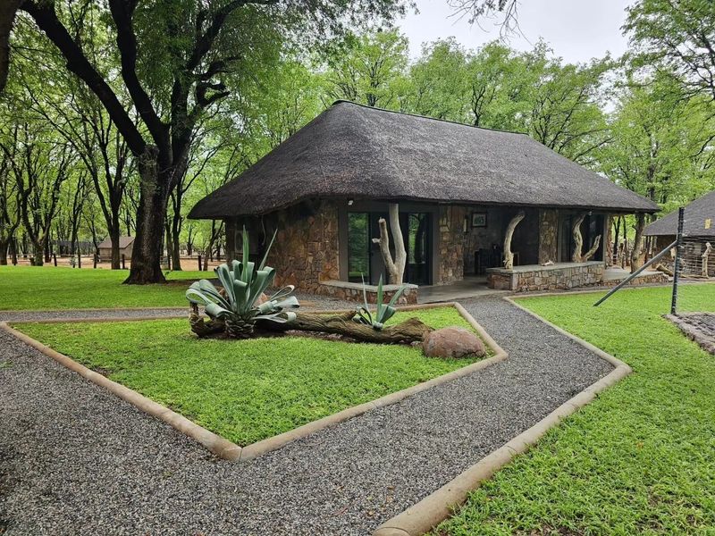 A charming stone-clad cottage with a traditional thatched roof, featuring a covered patio and surrounded by a well-maintained garden and gravel pathways.