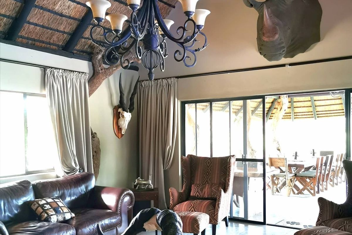 Spacious living area featuring a high thatched ceiling with exposed timber beams, polished concrete floors, and large sliding doors opening to an outdoor patio.