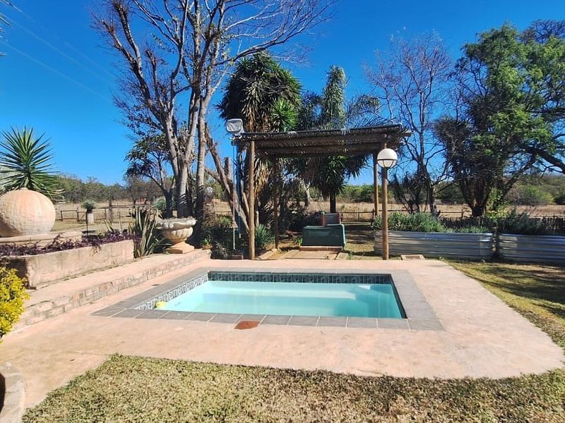 Outdoor pool area featuring a swimming pool, a wooden pergola, and raised garden beds set within a landscaped farm garden.