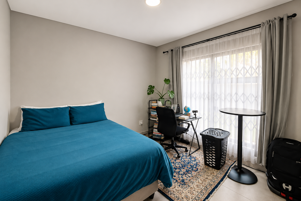 A well-maintained bedroom featuring neutral wall tones, tiled flooring, and a sliding glass door with an integrated security gate for added safety.