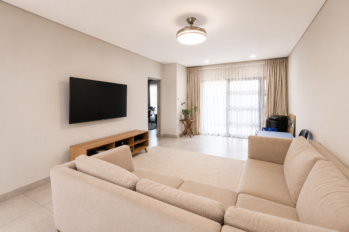 A bright and spacious living room featuring neutral tiled flooring, a modern ceiling fan, and large sliding glass doors leading to an outdoor area.