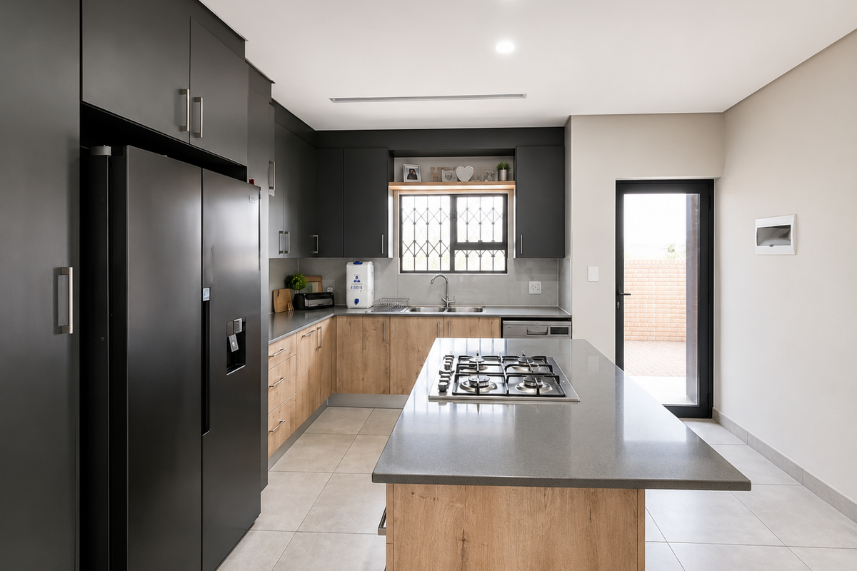 Modern kitchen featuring two-tone cabinetry, stone countertops, a central island with a gas hob, and direct access to an outdoor area.