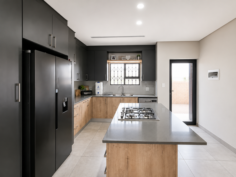 Modern kitchen featuring two-tone cabinetry, stone countertops, a central island with a gas hob, and direct access to an outdoor area.