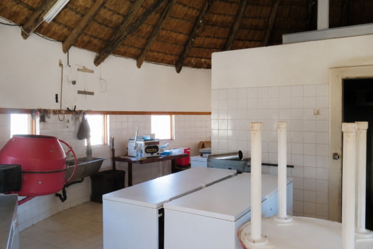 A rustic kitchen area featuring a traditional thatch roof with exposed timber rafters, tiled splashbacks, and functional utility space.