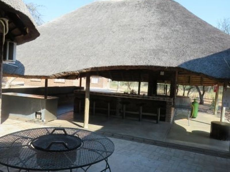 Outdoor entertainment area featuring a large thatched roof, built-in bar counter, and paved patio space, ideal for hosting and relaxation.