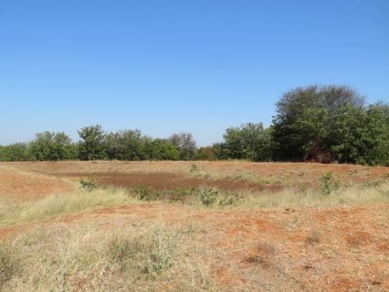 A wide-angle view of the farm landscape featuring an earthen dam and natural vegetation under a clear blue sky.