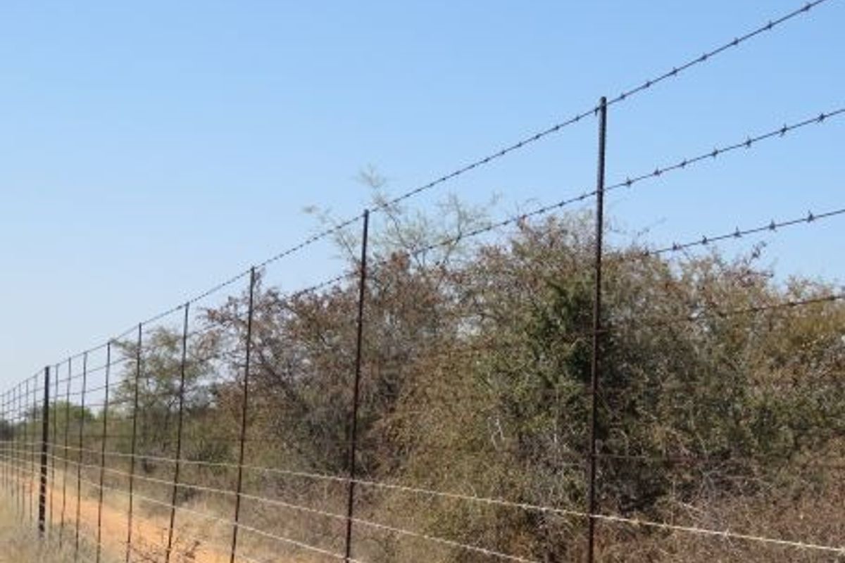 A view of the farm perimeter featuring a functional barbed wire fence line running alongside a dirt access track.