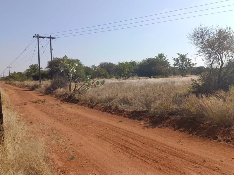 A view of a dirt access road bordering a vacant residential plot with native vegetation and overhead utility infrastructure.